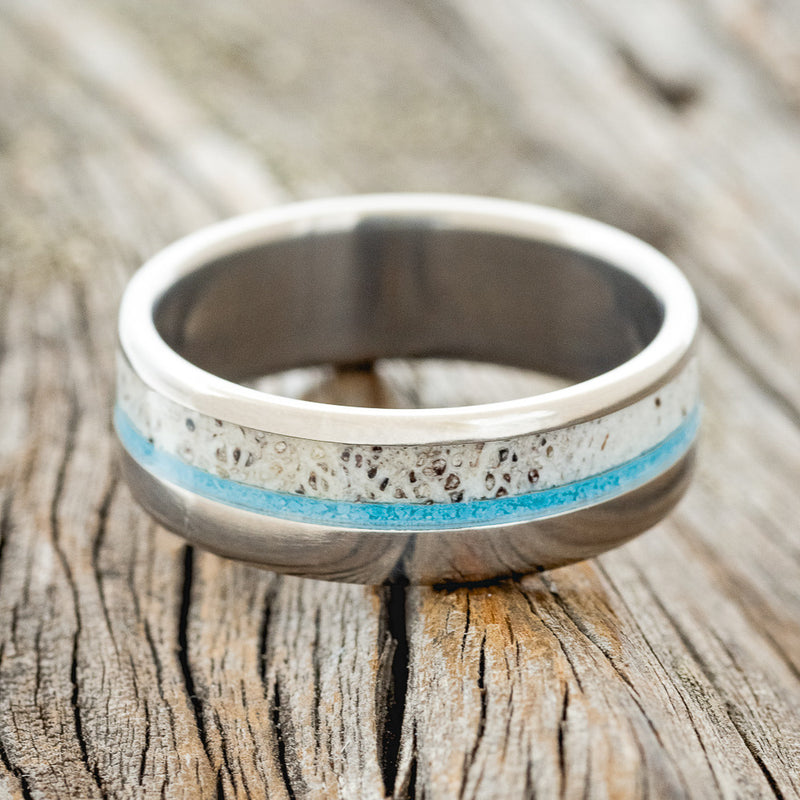 "TANNER" - TURQUOISE & ANTLER WEDDING BAND - DAMASCUS STEEL - SIZE 11 3/4-3