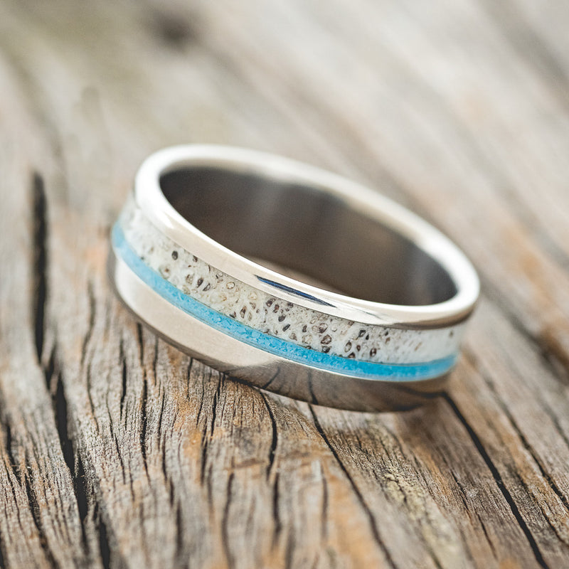 "TANNER" - TURQUOISE & ANTLER WEDDING BAND - DAMASCUS STEEL - SIZE 11 3/4-2