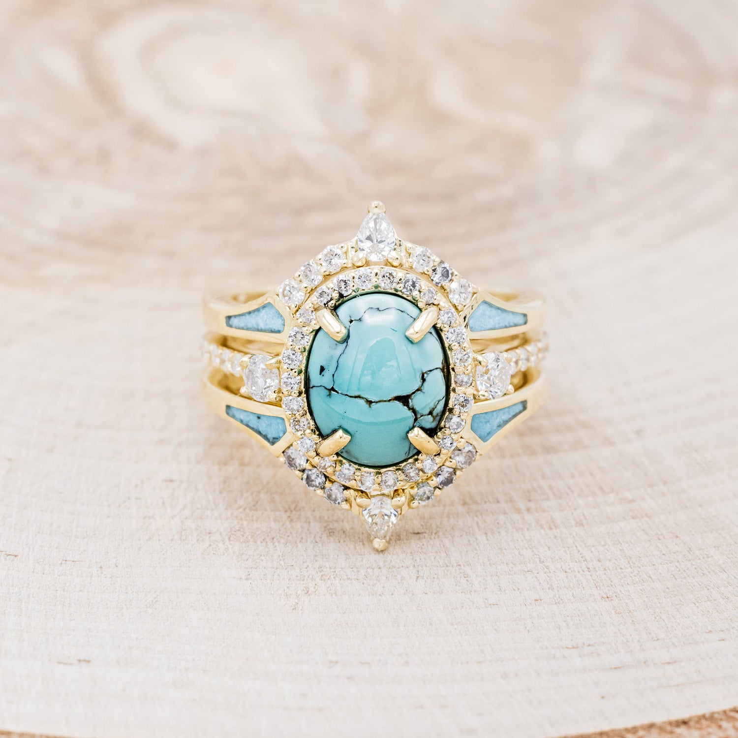 "KB" - BRIDAL SUITE - OVAL TURQUOISE ENGAGEMENT RING WITH DIAMOND ACCENTS & TRACERS-4