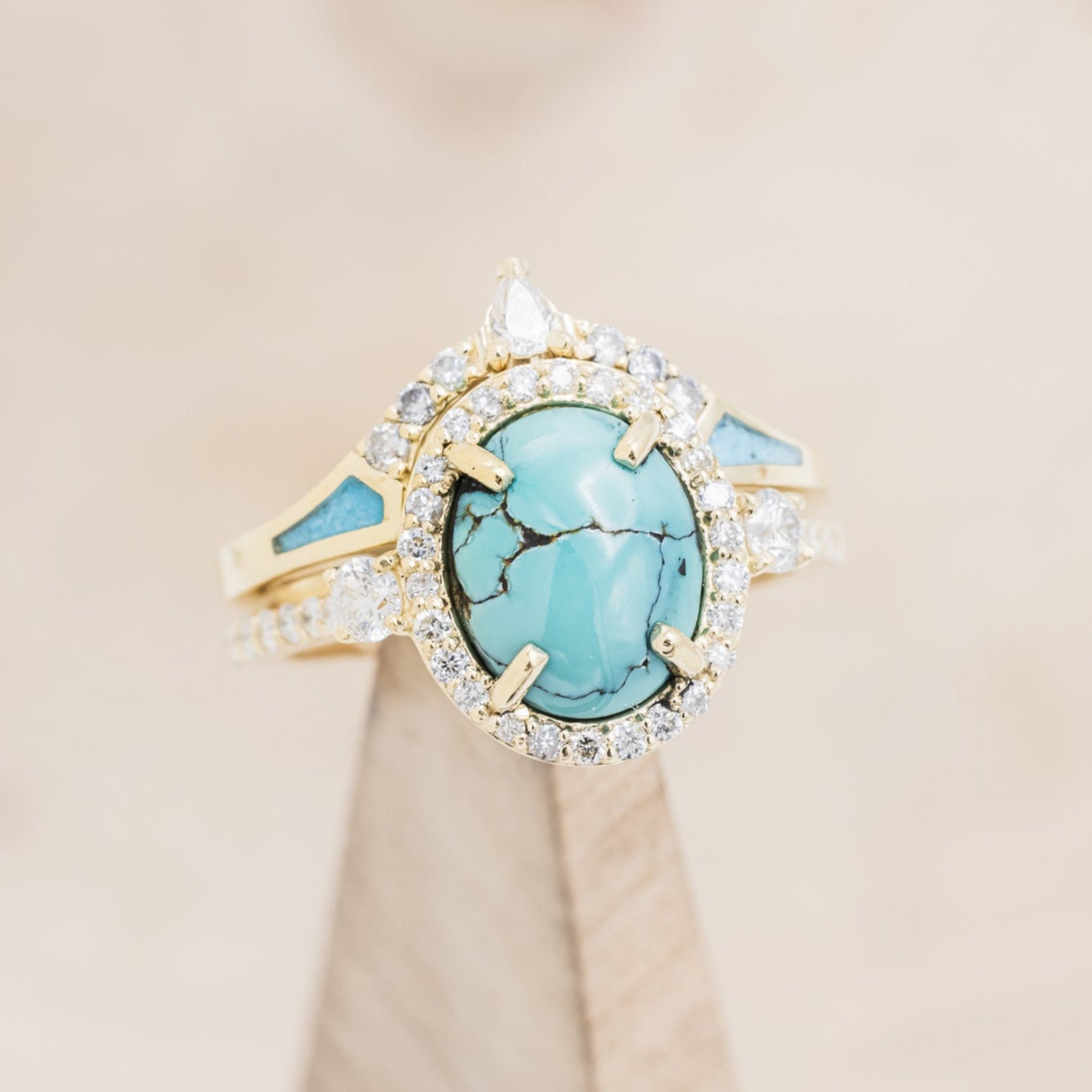 "KB" - BRIDAL SUITE - OVAL TURQUOISE ENGAGEMENT RING WITH DIAMOND ACCENTS & TRACERS-7