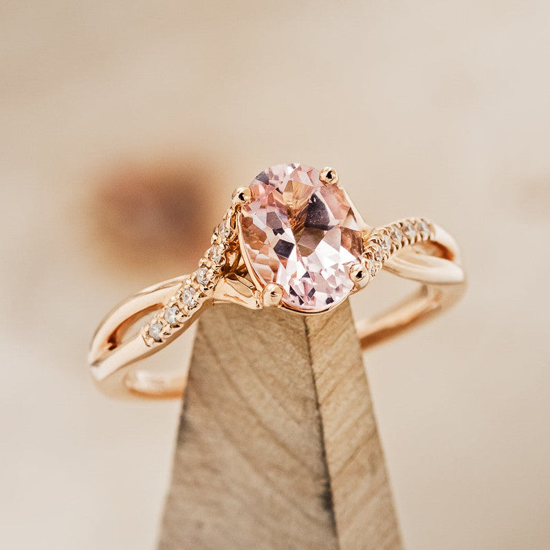 shown here is The "Roslyn", an accented-style oval morganite women's engagement ring with delicate and ornate details and is available with many center stone options.14K GOLD ENGAGEMENT RING WITH MORGANITE & DIAMOND ACCENTS - Staghead Designs -