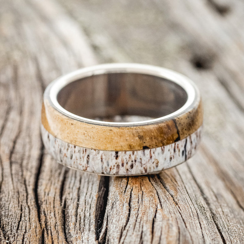 "ARLO" - ANTLER & SPALTED MAPLE WEDDING BAND - TITANIUM - SIZE 16-3