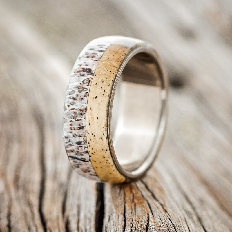 "ARLO" - ANTLER & SPALTED MAPLE WEDDING BAND - TITANIUM - SIZE 16-1