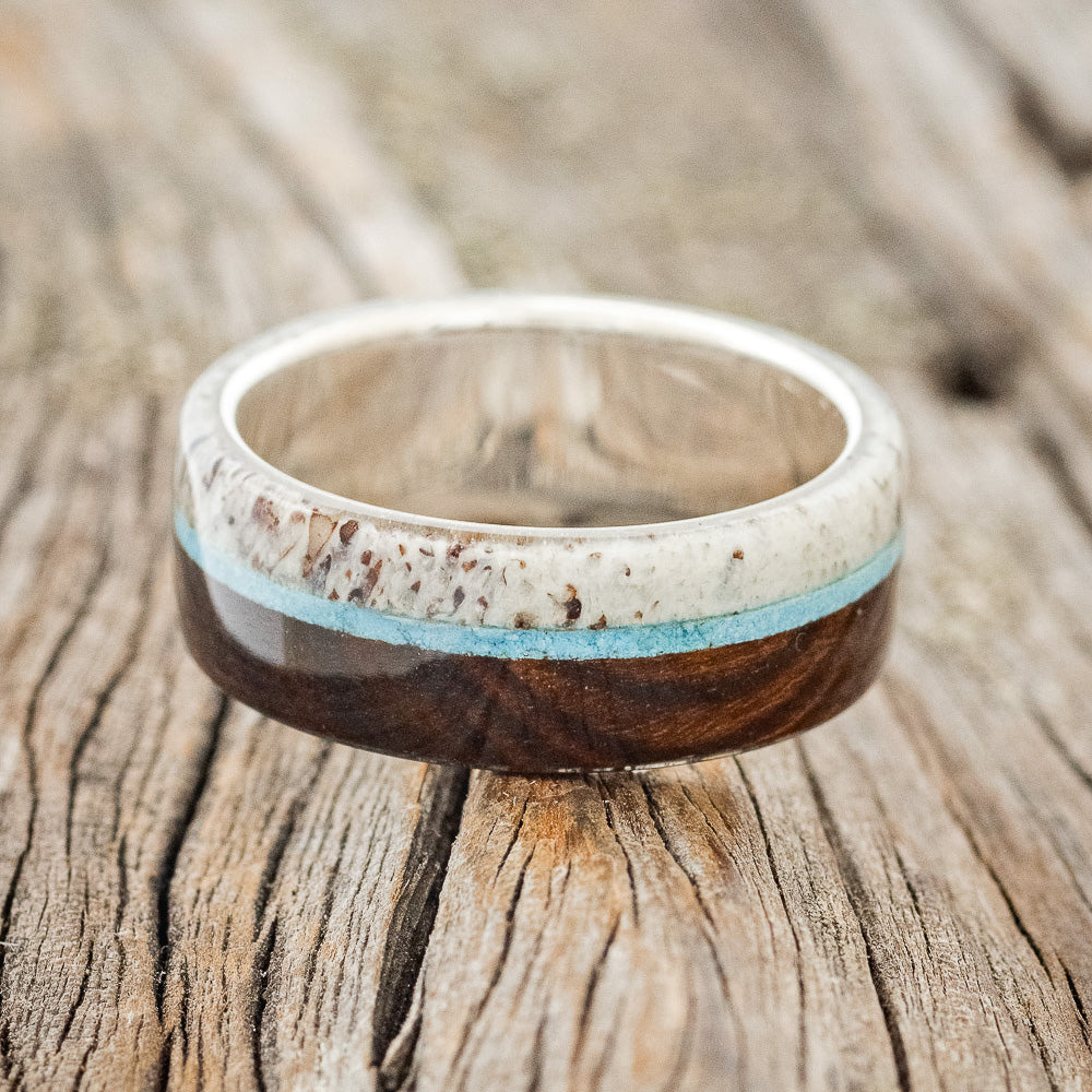 "ARGOS" - IRONWOOD, ANTLER & TURQUOISE WEDDING BAND-9