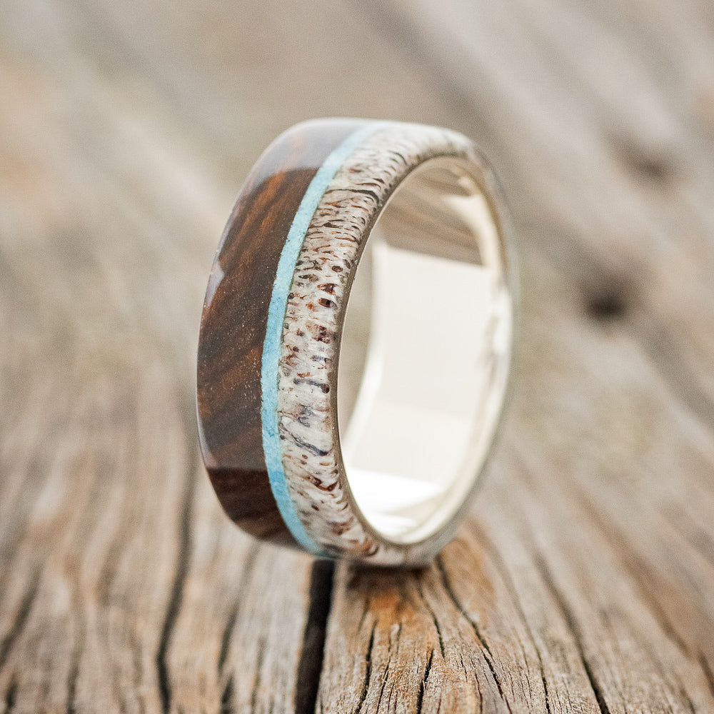 "ARGOS" - IRONWOOD, ANTLER & TURQUOISE WEDDING BAND-7