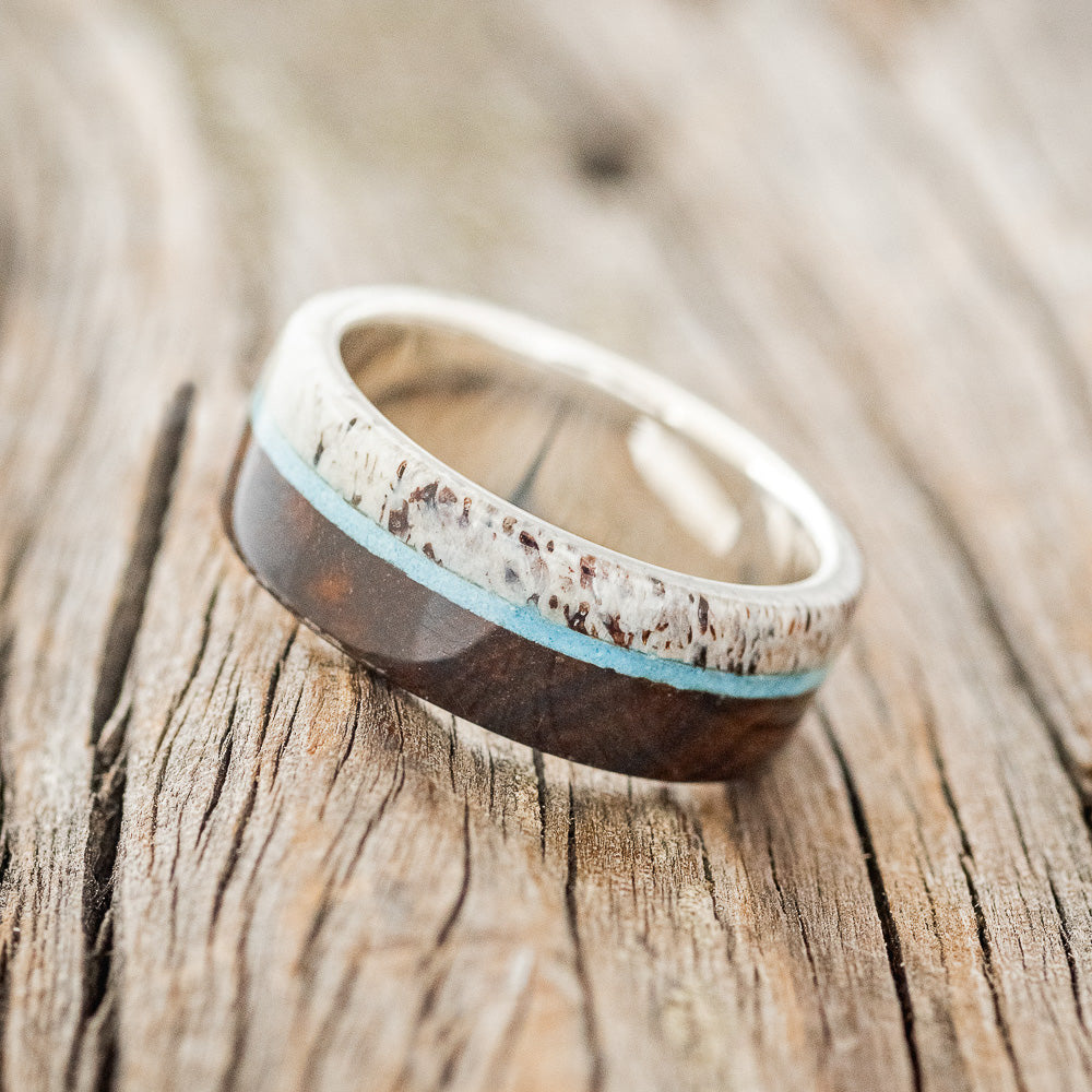 "ARGOS" - IRONWOOD, ANTLER & TURQUOISE WEDDING BAND-8