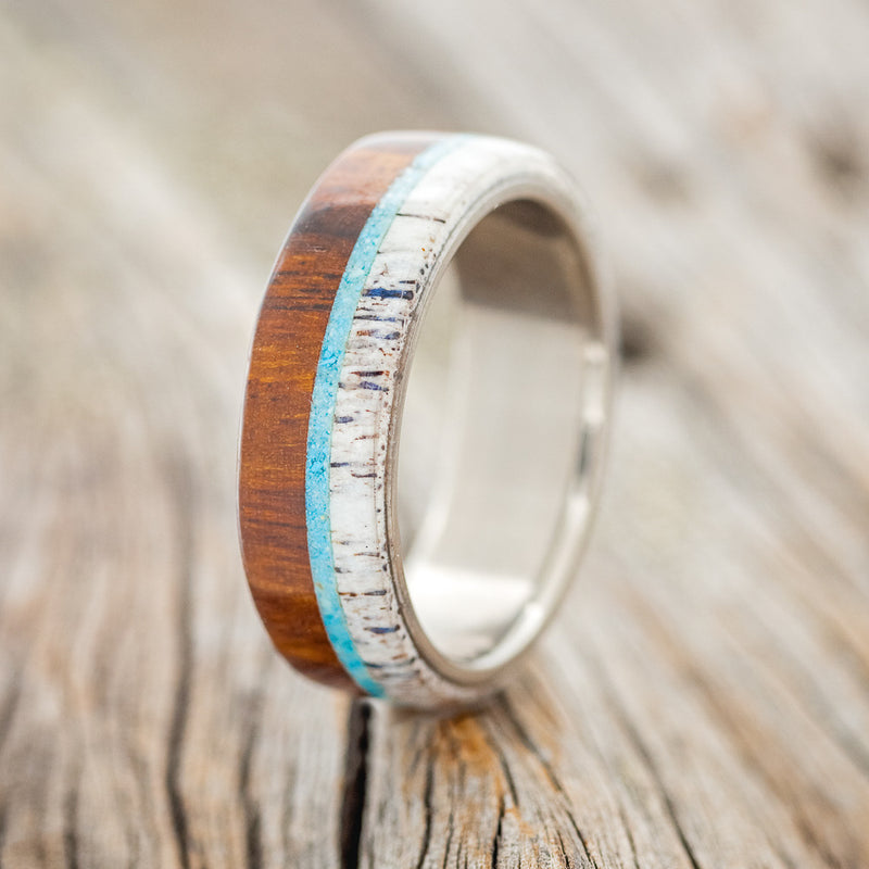 "ARGOS" - IRONWOOD, ANTLER & TURQUOISE WEDDING BAND - READY TO SHIP-1