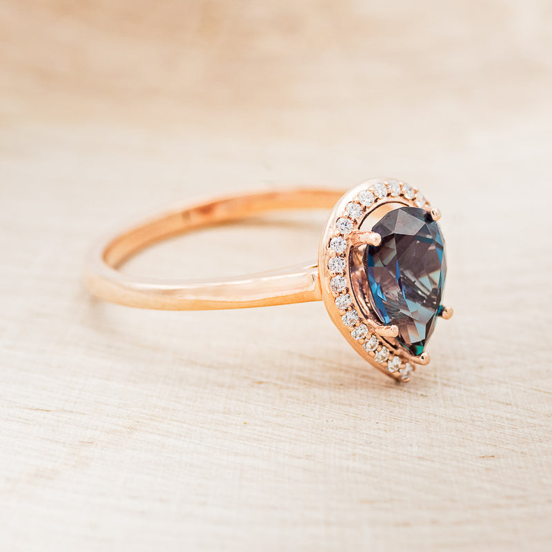 "CLARISS" - PEAR-SHAPED LAB-GROWN ALEXANDRITE ENGAGEMENT RING WITH DIAMOND HALO - READY TO SHIP