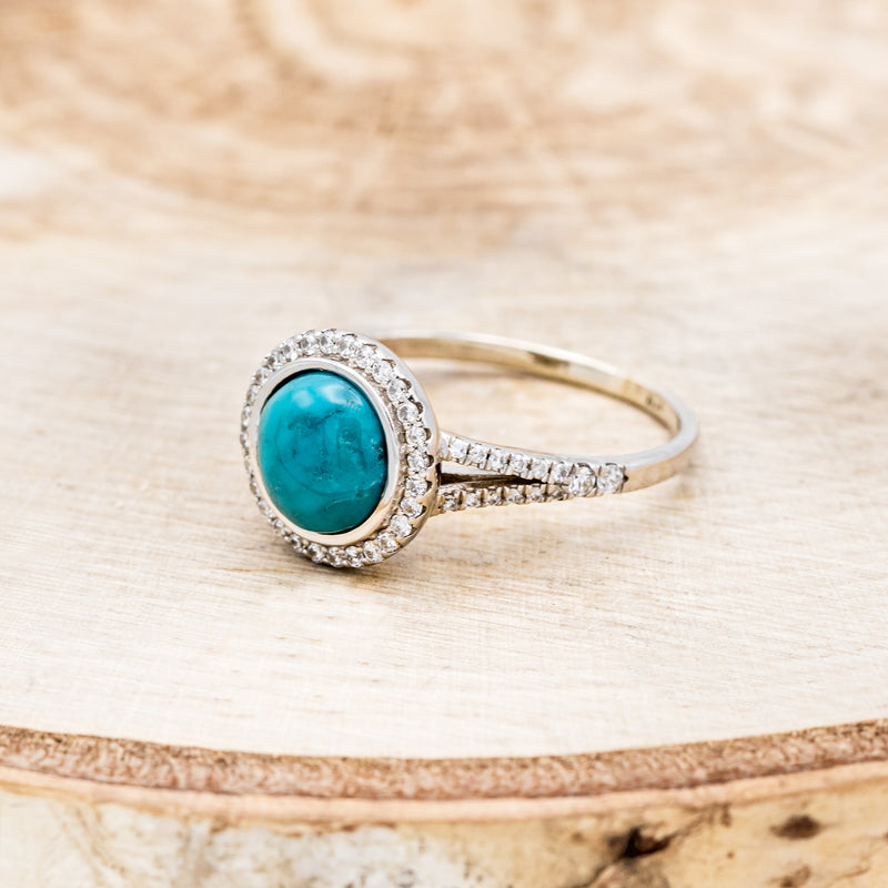 "NOVA" - ROUND CUT TURQUOISE ENGAGEMENT RING WITH DIAMOND HALO & ACCENTS