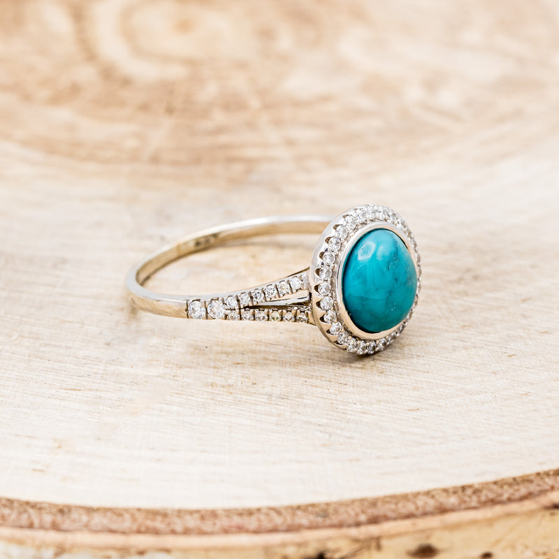 "NOVA" - ROUND CUT TURQUOISE ENGAGEMENT RING WITH DIAMOND HALO & ACCENTS