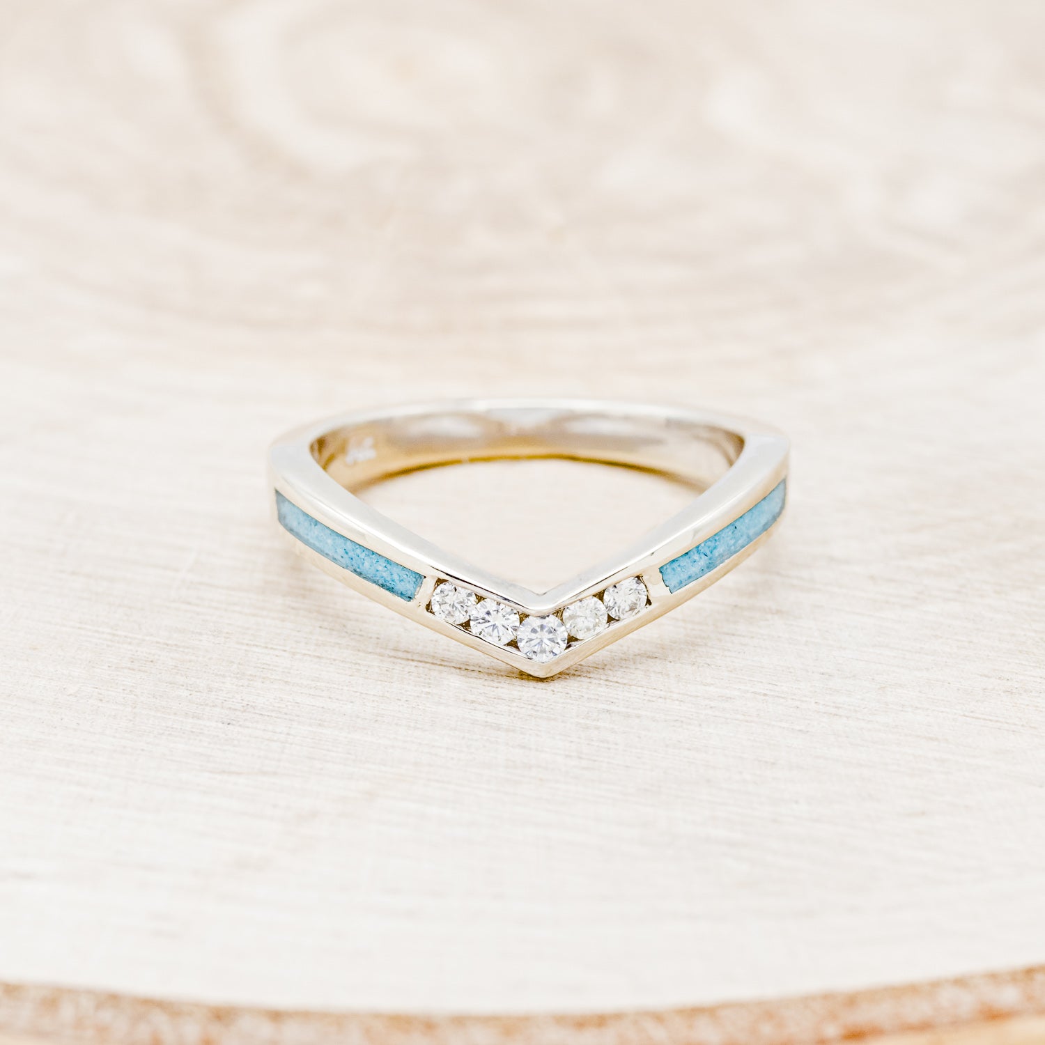 "KIDA" - V-SHAPED STACKING BAND WITH DIAMONDS & TURQUOISE INLAYS-4