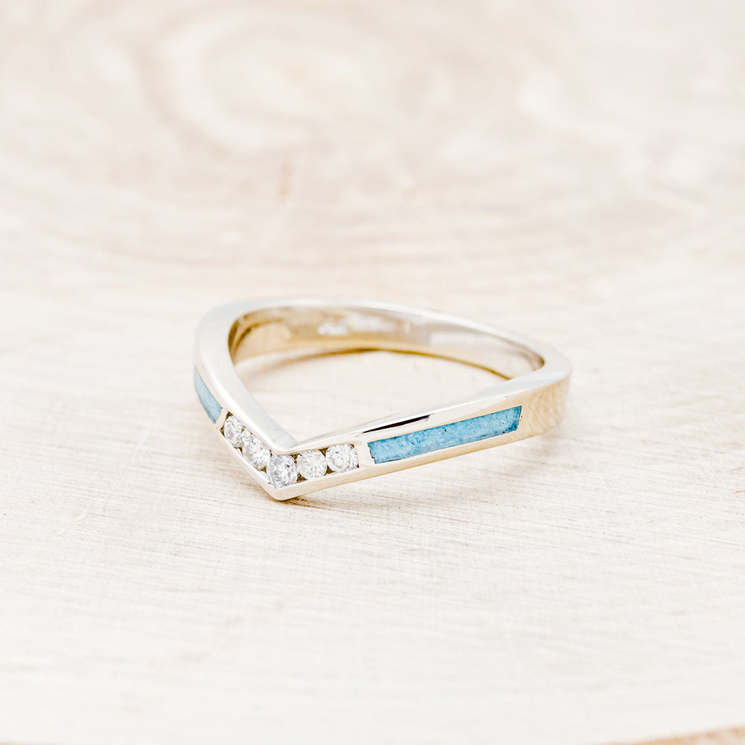 "KIDA" - V-SHAPED STACKING BAND WITH DIAMONDS & TURQUOISE INLAYS-3