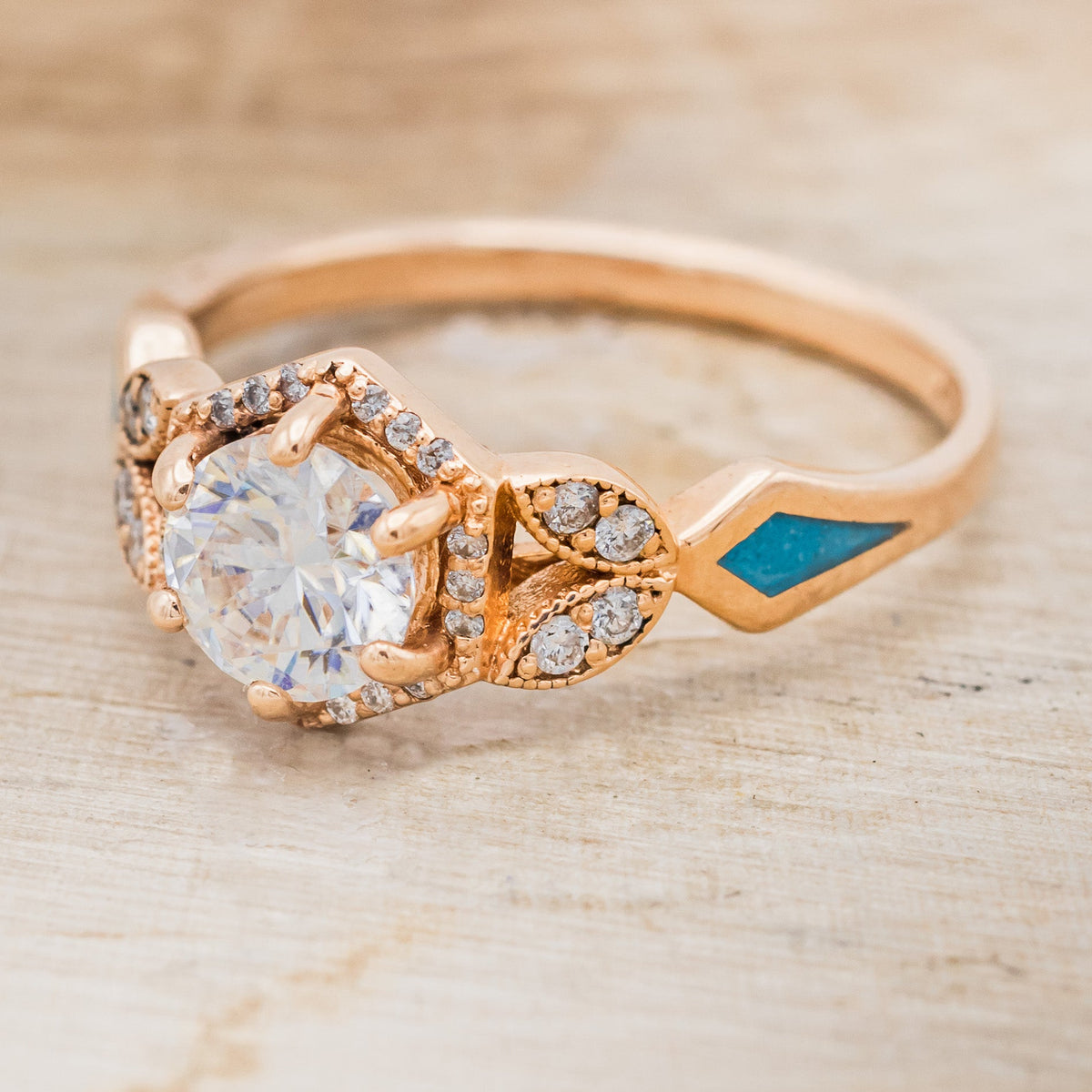 "LUCY IN THE SKY" PETITE - ROUND CUT MOISSANITE ENGAGEMENT RING WITH DIAMOND ACCENTS & TURQUOISE INLAYS-3