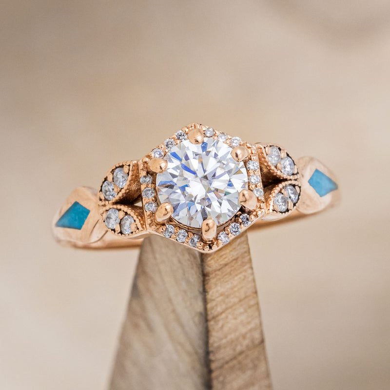 "LUCY IN THE SKY" PETITE - ROUND CUT MOISSANITE ENGAGEMENT RING WITH DIAMOND ACCENTS & TURQUOISE INLAYS-1