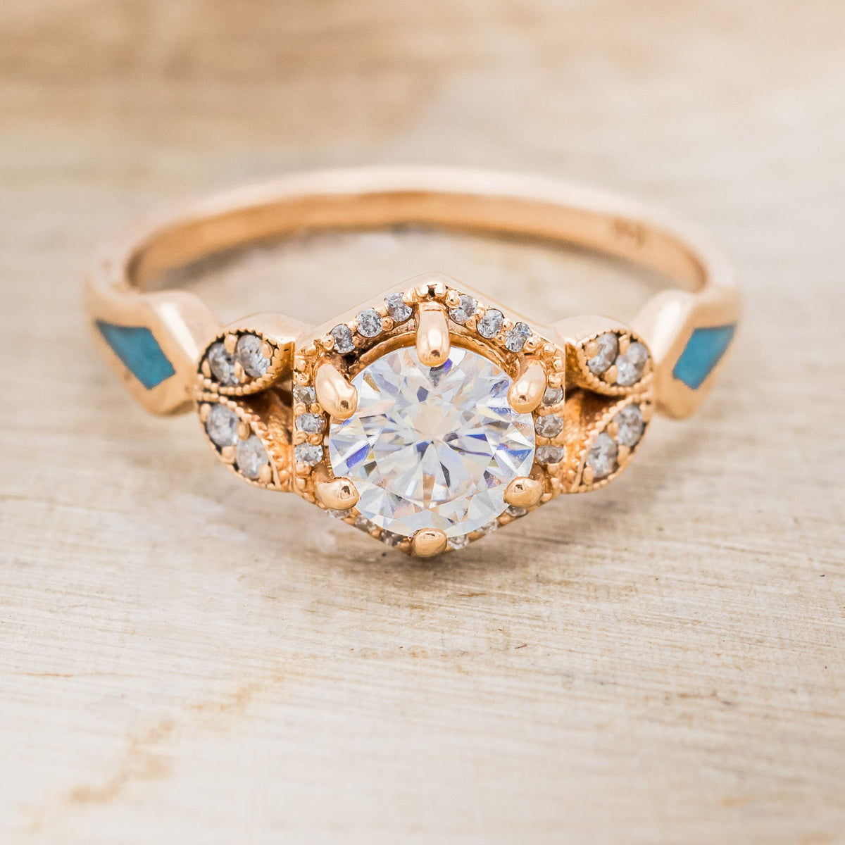 "LUCY IN THE SKY" PETITE - ROUND CUT MOISSANITE ENGAGEMENT RING WITH DIAMOND ACCENTS & TURQUOISE INLAYS-4