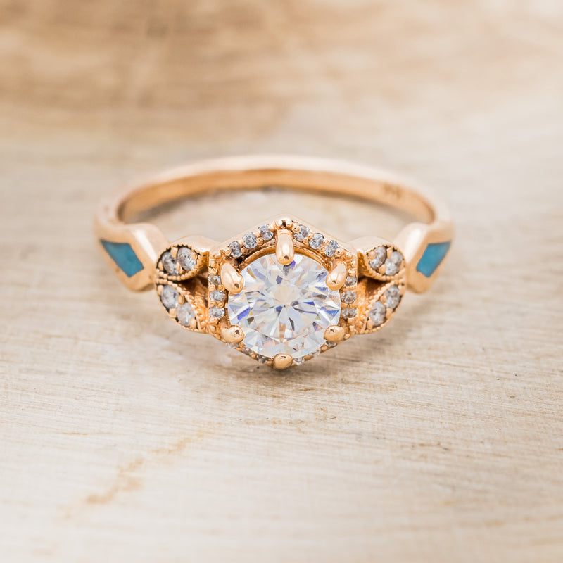 "LUCY IN THE SKY" PETITE - ROUND CUT MOISSANITE ENGAGEMENT RING WITH DIAMOND ACCENTS & TURQUOISE INLAYS-4