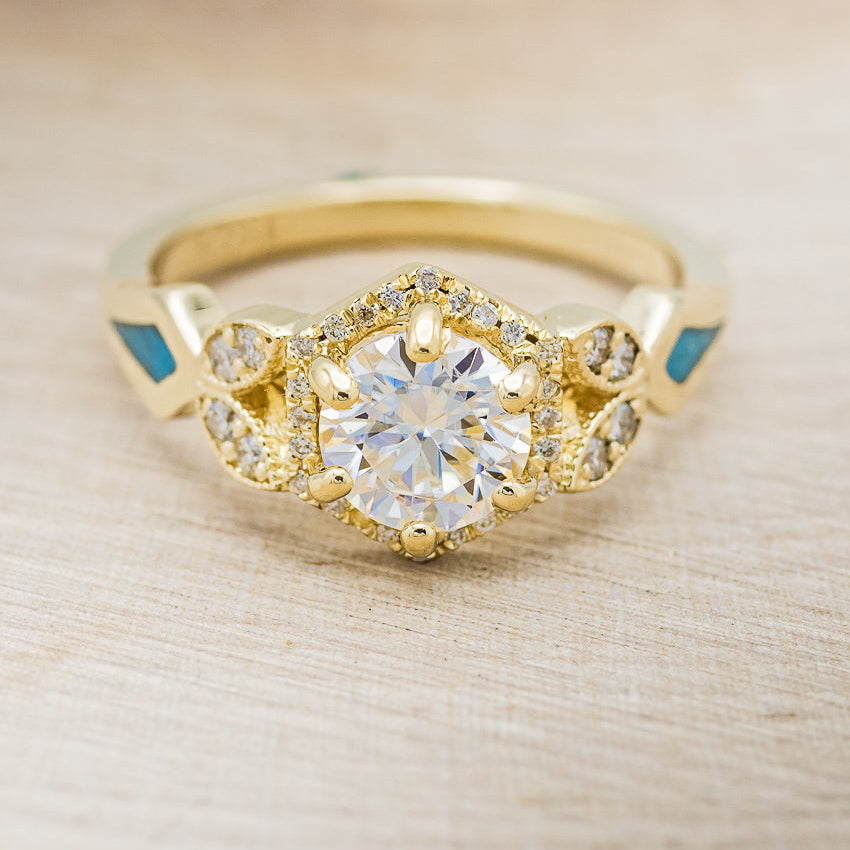 "LUCY IN THE SKY" PETITE - ROUND CUT MOISSANITE ENGAGEMENT RING WITH DIAMOND ACCENTS & TURQUOISE INLAYS-10