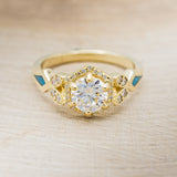 "LUCY IN THE SKY" PETITE - ROUND CUT MOISSANITE ENGAGEMENT RING WITH DIAMOND ACCENTS & TURQUOISE INLAYS-10