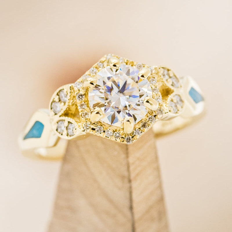 "LUCY IN THE SKY" PETITE - ROUND CUT MOISSANITE ENGAGEMENT RING WITH DIAMOND ACCENTS & TURQUOISE INLAYS-7