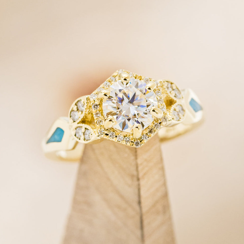 "LUCY IN THE SKY" PETITE - ROUND CUT MOISSANITE ENGAGEMENT RING WITH DIAMOND ACCENTS & TURQUOISE INLAYS-7