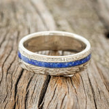 "VERTIGO" - LAPIS LAZULI WEDDING RING FEATURING A CROSSHATCHED 14K GOLD BAND-3