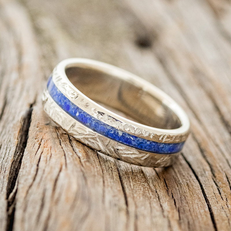 "VERTIGO" - LAPIS LAZULI WEDDING RING FEATURING A CROSSHATCHED 14K GOLD BAND-2