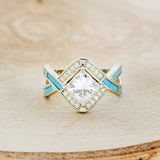 "HELIX" - PRINCESS CUT MOISSANITE ENGAGEMENT RING WITH DIAMOND ACCENTS & TURQUOISE INLAYS-4