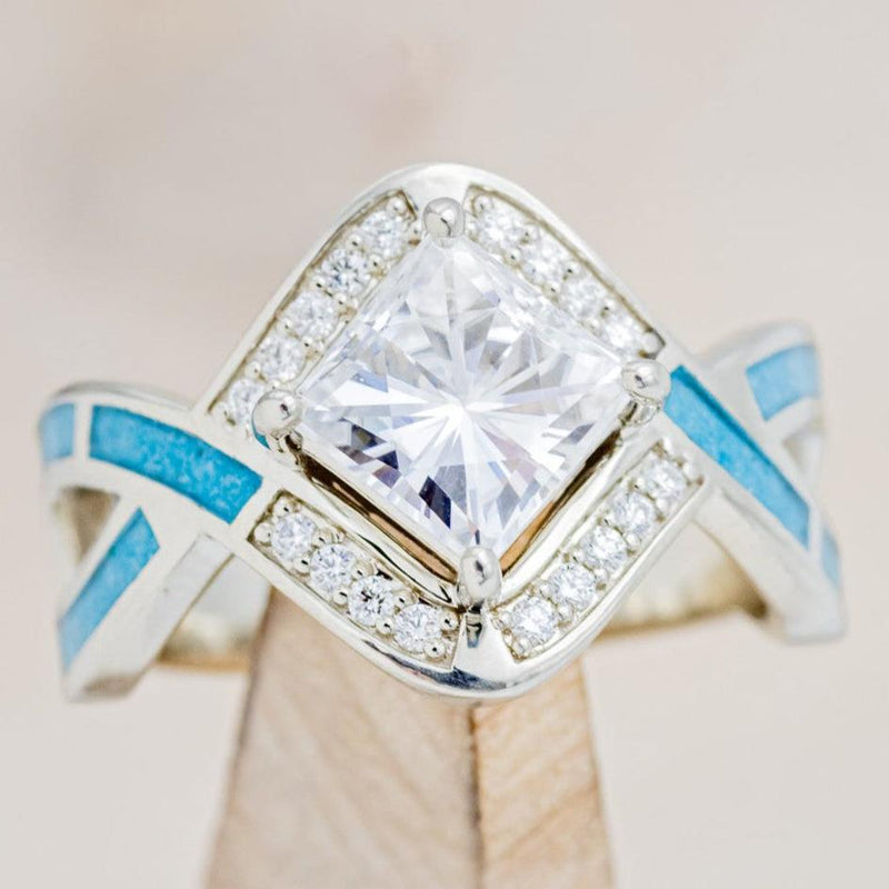 "HELIX" - PRINCESS CUT MOISSANITE ENGAGEMENT RING WITH DIAMOND ACCENTS & TURQUOISE INLAYS-1