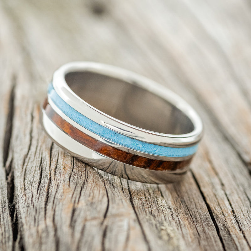 "COSMO" - IRONWOOD & TURQUOISE WEDDING BAND - TITANIUM - SIZE 14 1/4-2