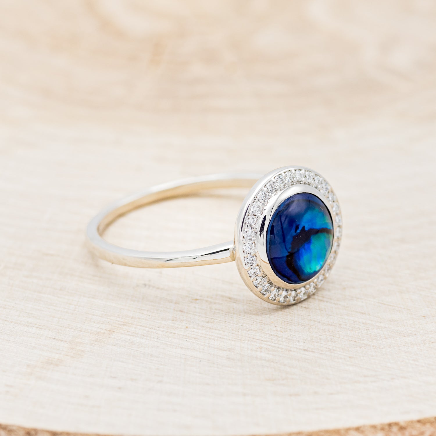 "TERRA" - ROUND PAUA SHELL ENGAGEMENT RING WITH DIAMOND HALO-2
