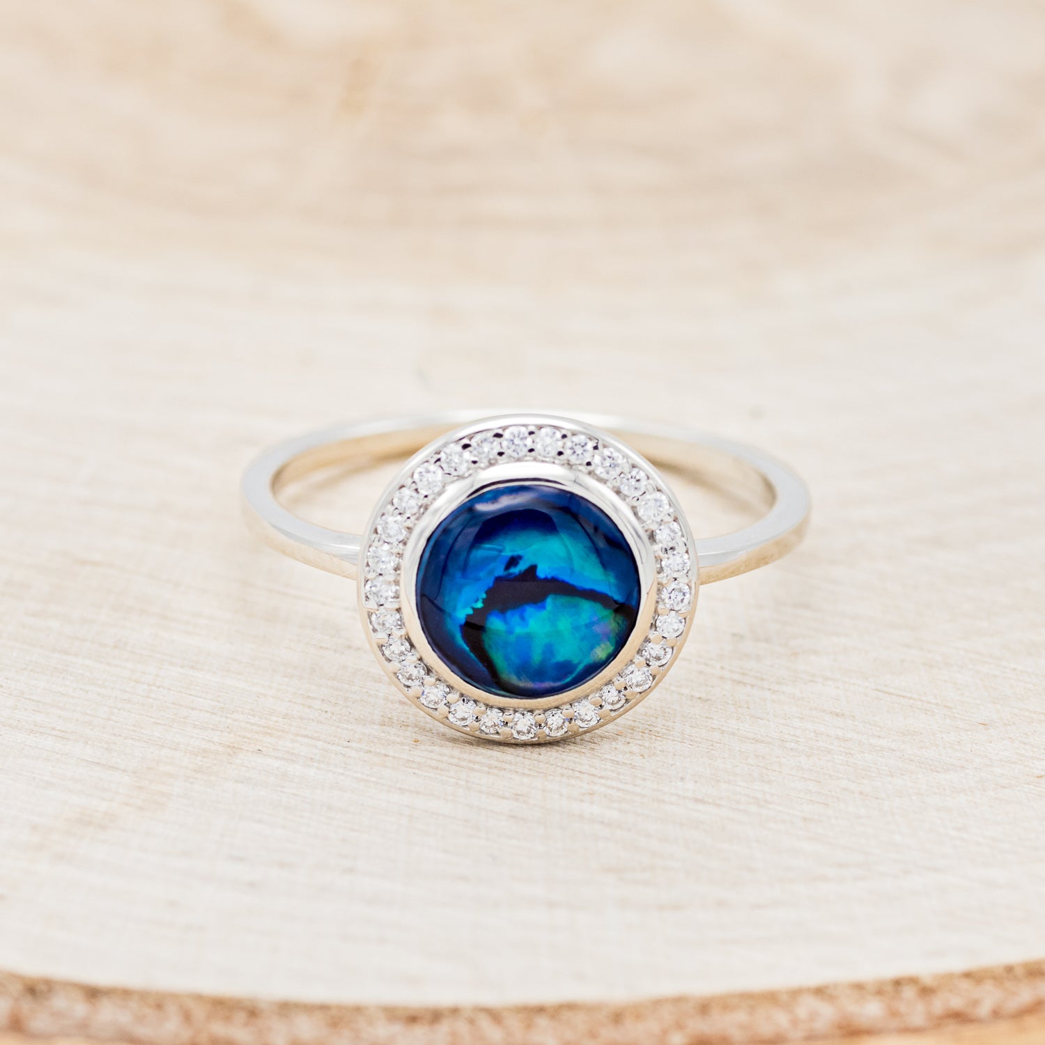 "TERRA" - ROUND PAUA SHELL ENGAGEMENT RING WITH DIAMOND HALO-4