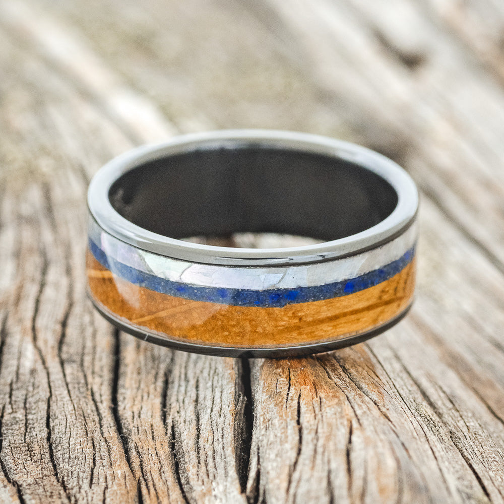 "RAINIER" - MOTHER OF PEARL, LAPIS LAZULI & WHISKEY BARREL OAK WEDDING BAND-6