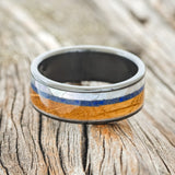 "RAINIER" - MOTHER OF PEARL, LAPIS LAZULI & WHISKEY BARREL OAK WEDDING BAND - READY TO SHIP-6