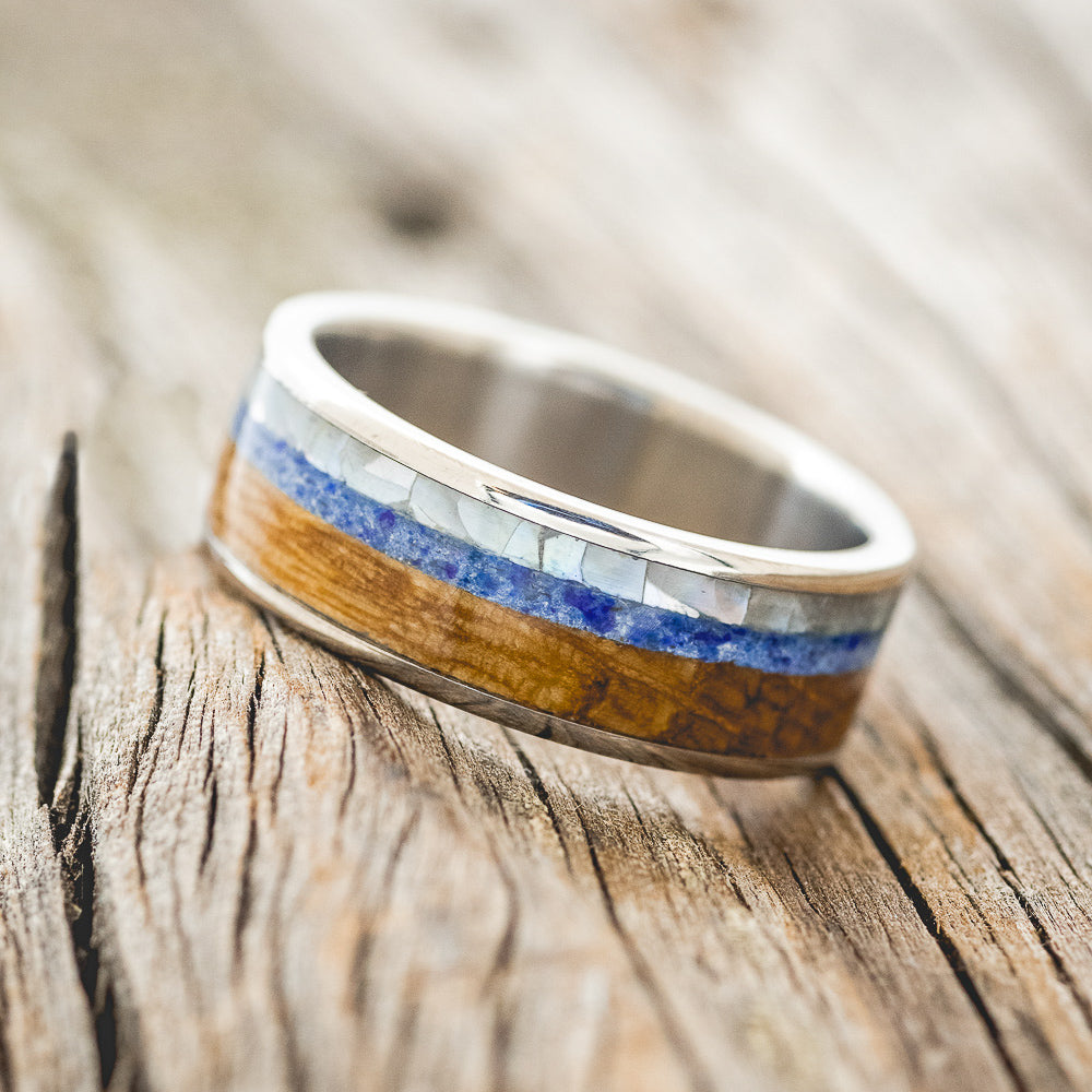 "RAINIER" - MOTHER OF PEARL, LAPIS LAZULI & WHISKEY BARREL OAK WEDDING BAND-2