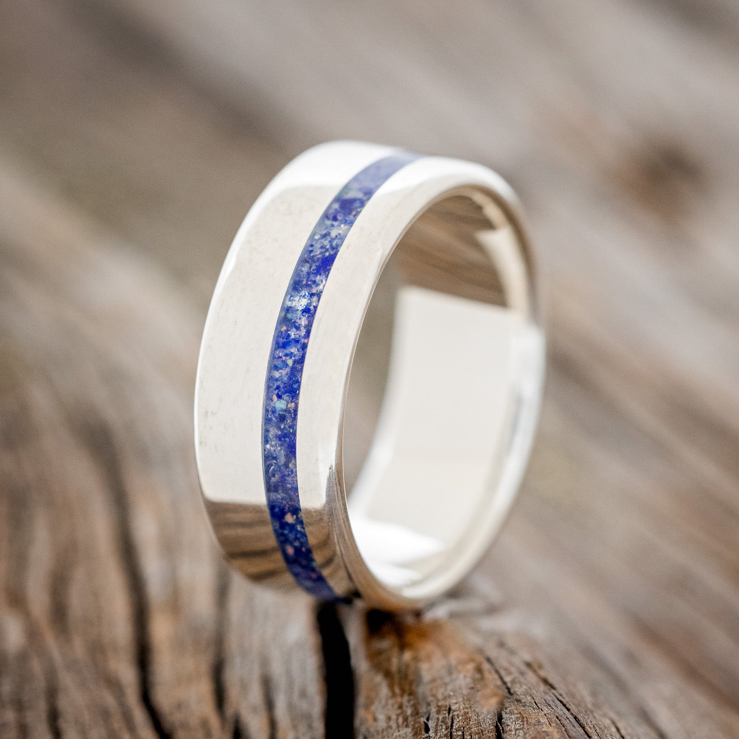 "VERTIGO" - MIXED LAPIS LAZULI & FIRE AND ICE OPAL WEDDING BAND-13