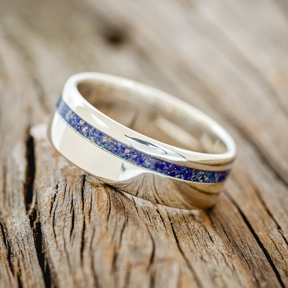 "VERTIGO" - MIXED LAPIS LAZULI & FIRE AND ICE OPAL WEDDING BAND-17