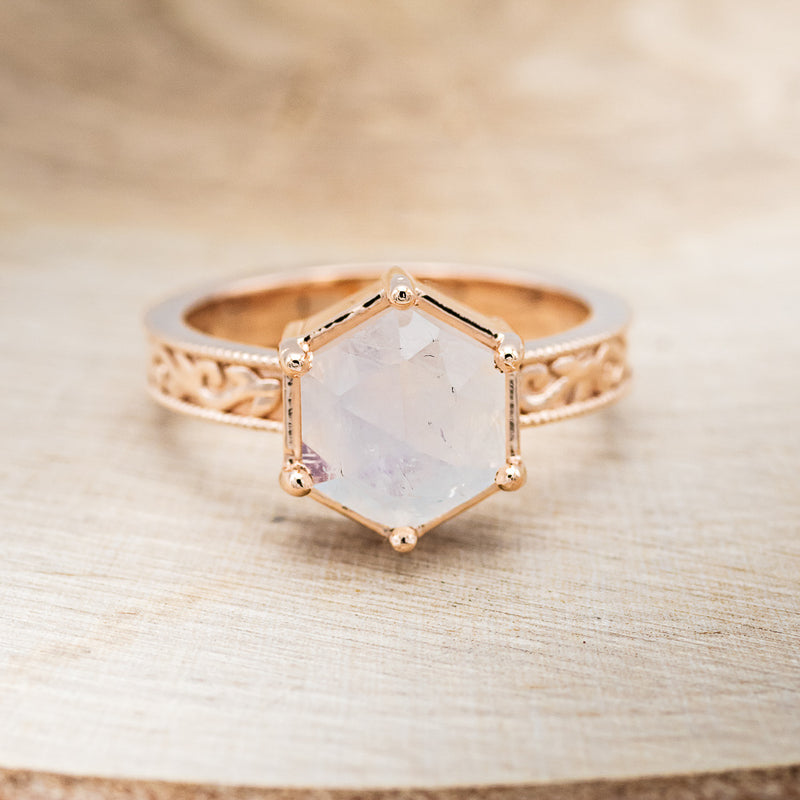 "HEY THERE DELILAH" - HEXAGON MOONSTONE ENGAGEMENT RING WITH FLORAL ENGRAVED BAND