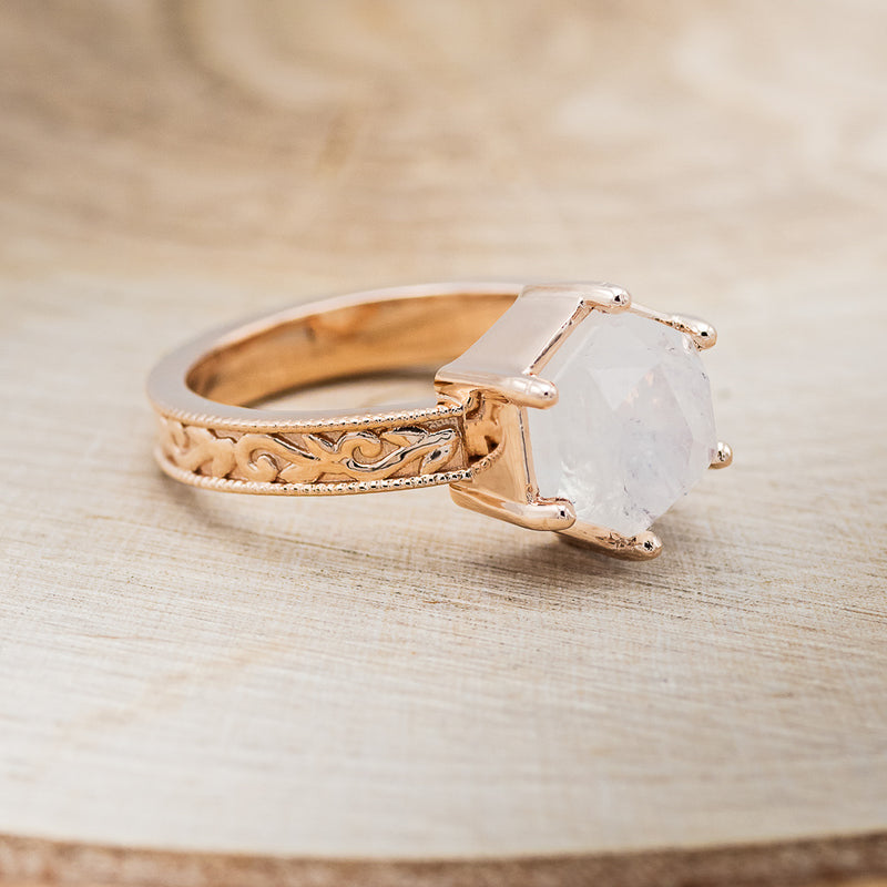 "HEY THERE DELILAH" - HEXAGON MOONSTONE ENGAGEMENT RING WITH FLORAL ENGRAVED BAND