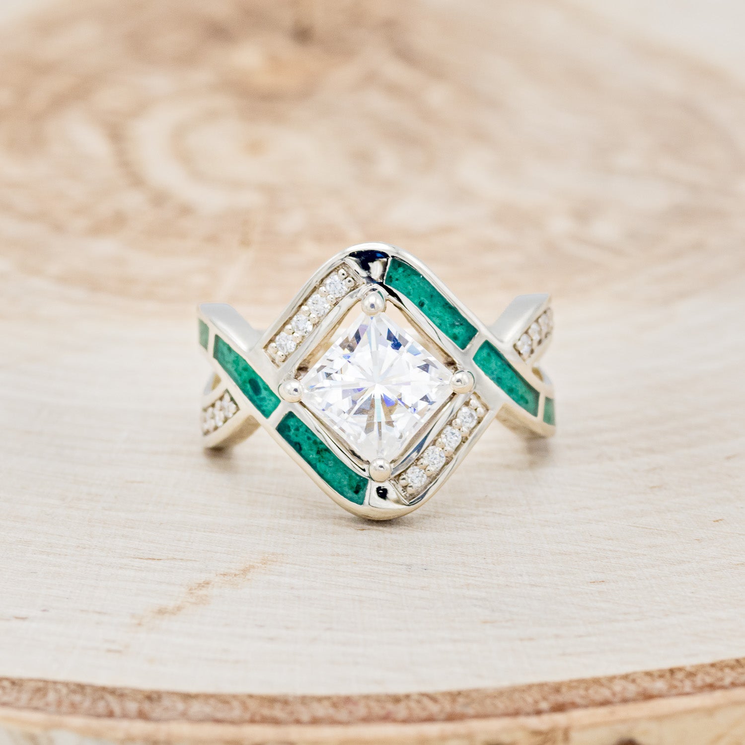 "HELIX" - PRINCESS CUT MOISSANITE ENGAGEMENT RING WITH DIAMOND ACCENTS & MALACHITE INLAYS-4
