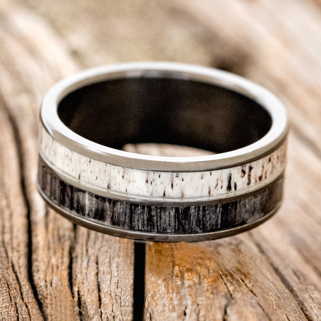 "DYAD" - GREY BIRCH WOOD & ANTLER WEDDING BAND-12