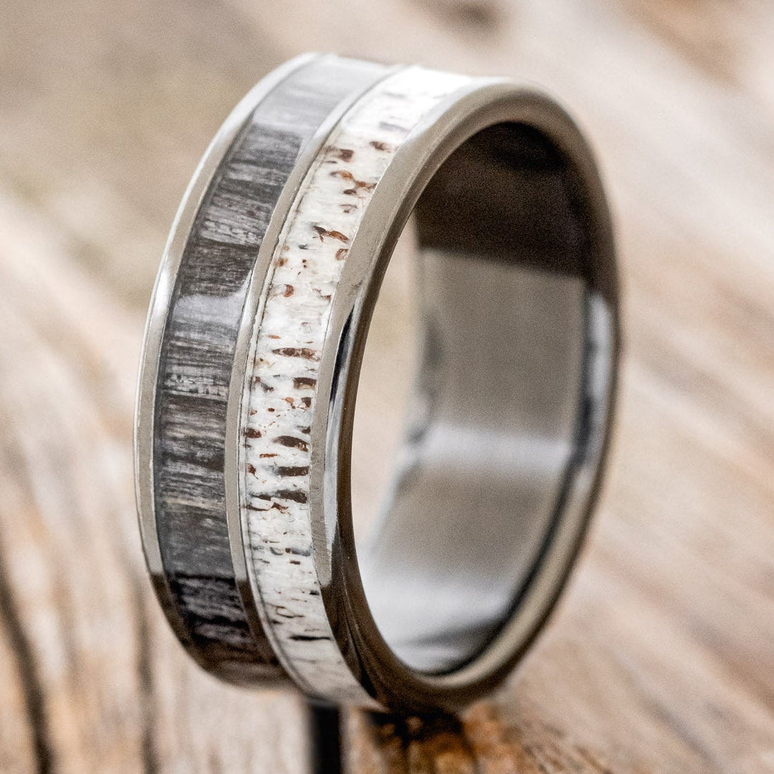 "DYAD" - GREY BIRCH WOOD & ANTLER WEDDING BAND-10