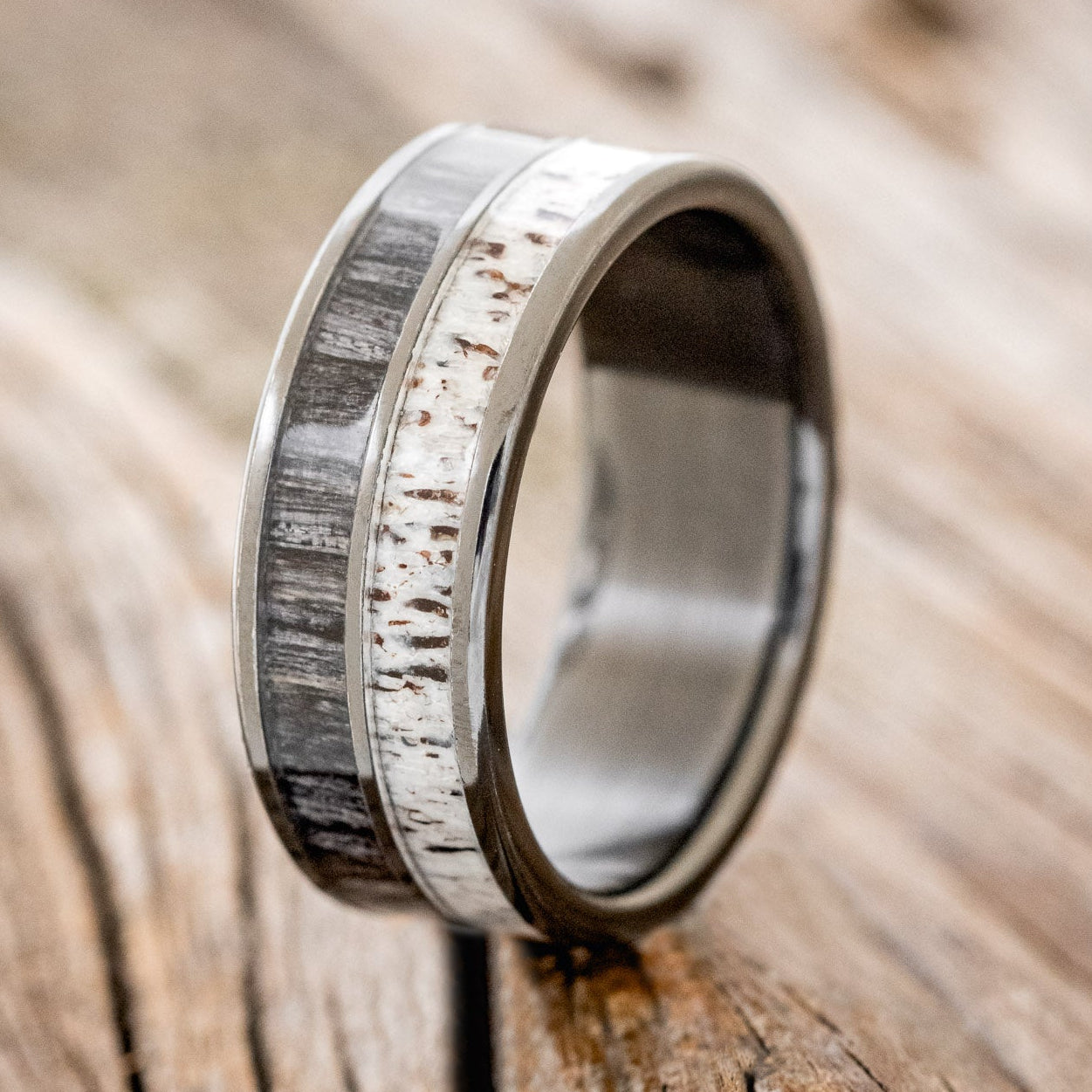 "DYAD" - GREY BIRCH WOOD & ANTLER WEDDING BAND-10