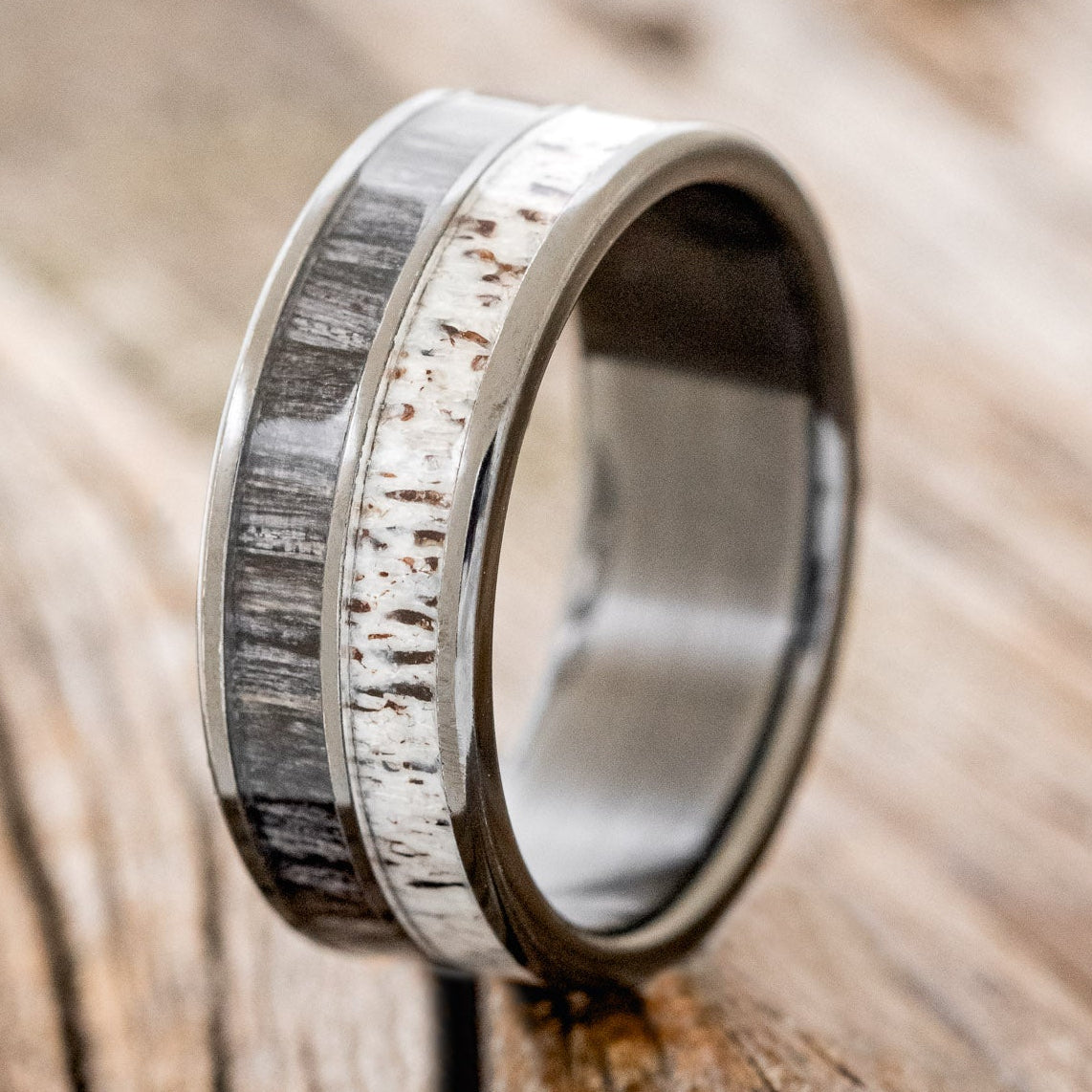 "DYAD" - GREY BIRCH WOOD & ANTLER WEDDING BAND - READY TO SHIP-10