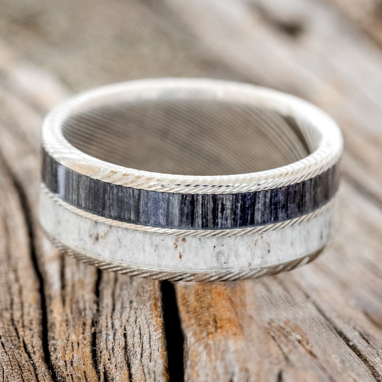 "DYAD" - GREY BIRCH WOOD & ANTLER WEDDING BAND-9