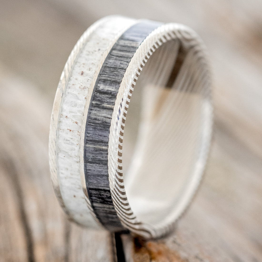 "DYAD" - GREY BIRCH WOOD & ANTLER WEDDING BAND - READY TO SHIP-7