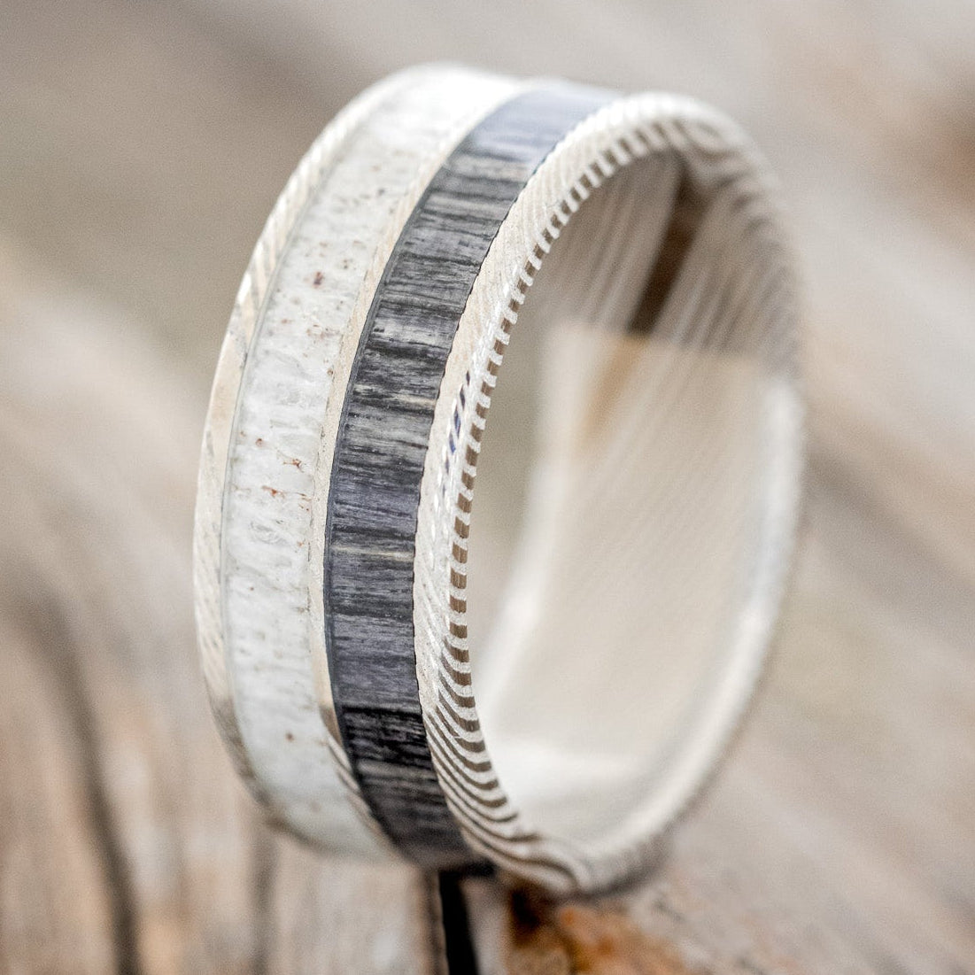 "DYAD" - GREY BIRCH WOOD & ANTLER WEDDING BAND-7