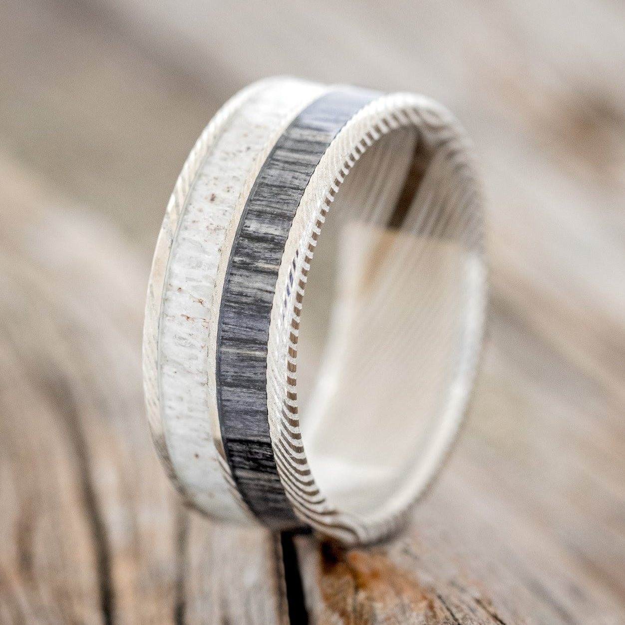 "DYAD" - GREY BIRCH WOOD & ANTLER WEDDING BAND-7