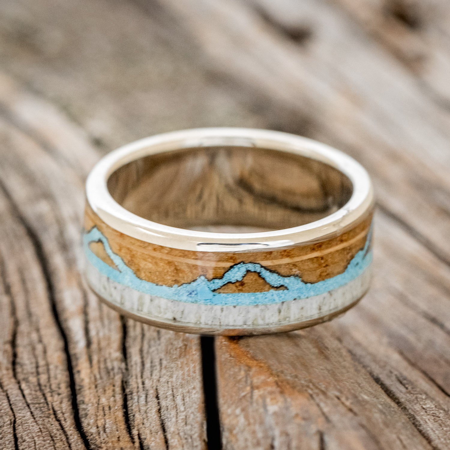 "THE EXPEDITION" & "ARGOS" - MATCHING SET OF ANTLER, TURQUOISE & WHISKEY BARREL OAK WEDDING RINGS-6