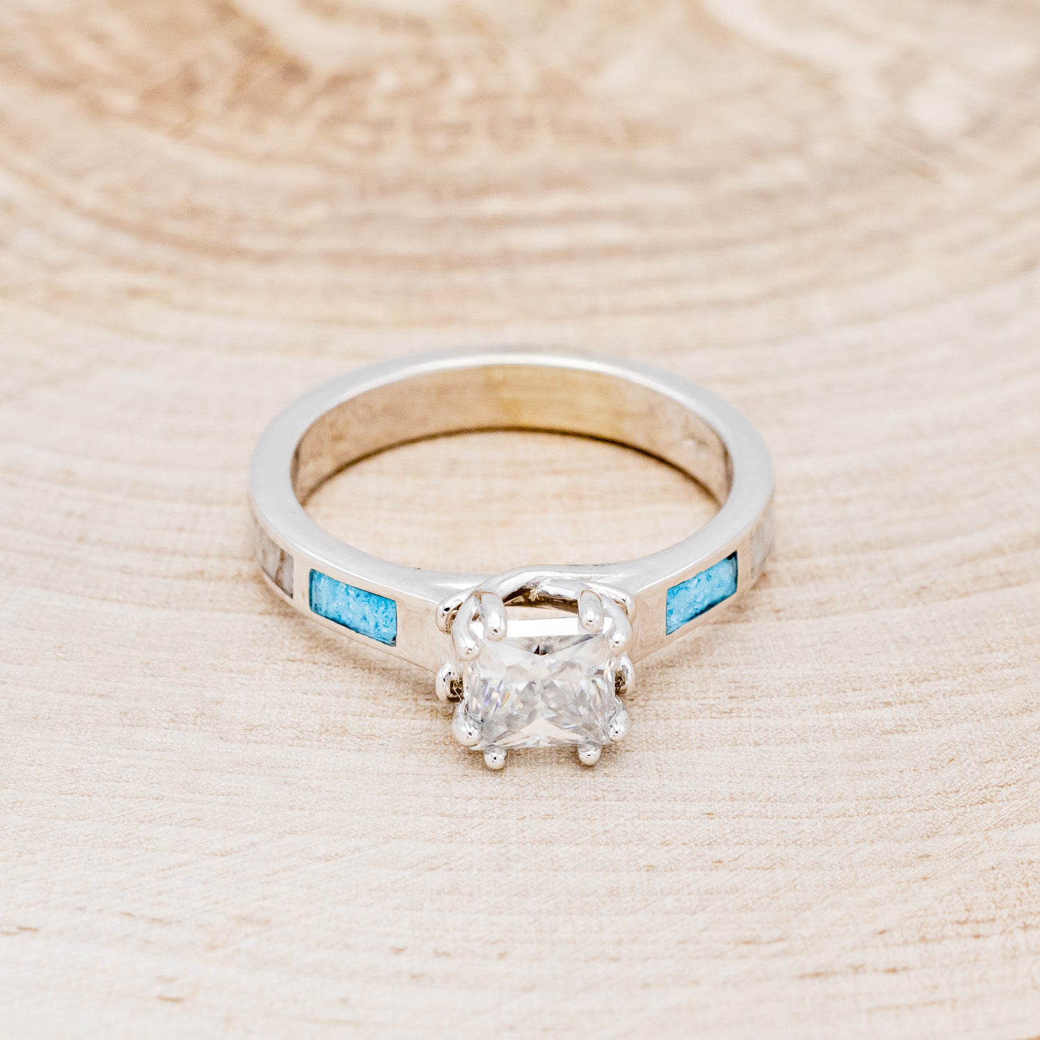 "FAWN" - PRINCESS CUT MOISSANITE ANTLER PRONGED ENGAGEMENT RING WITH ANTLER & TURQUOISE INLAYS-4