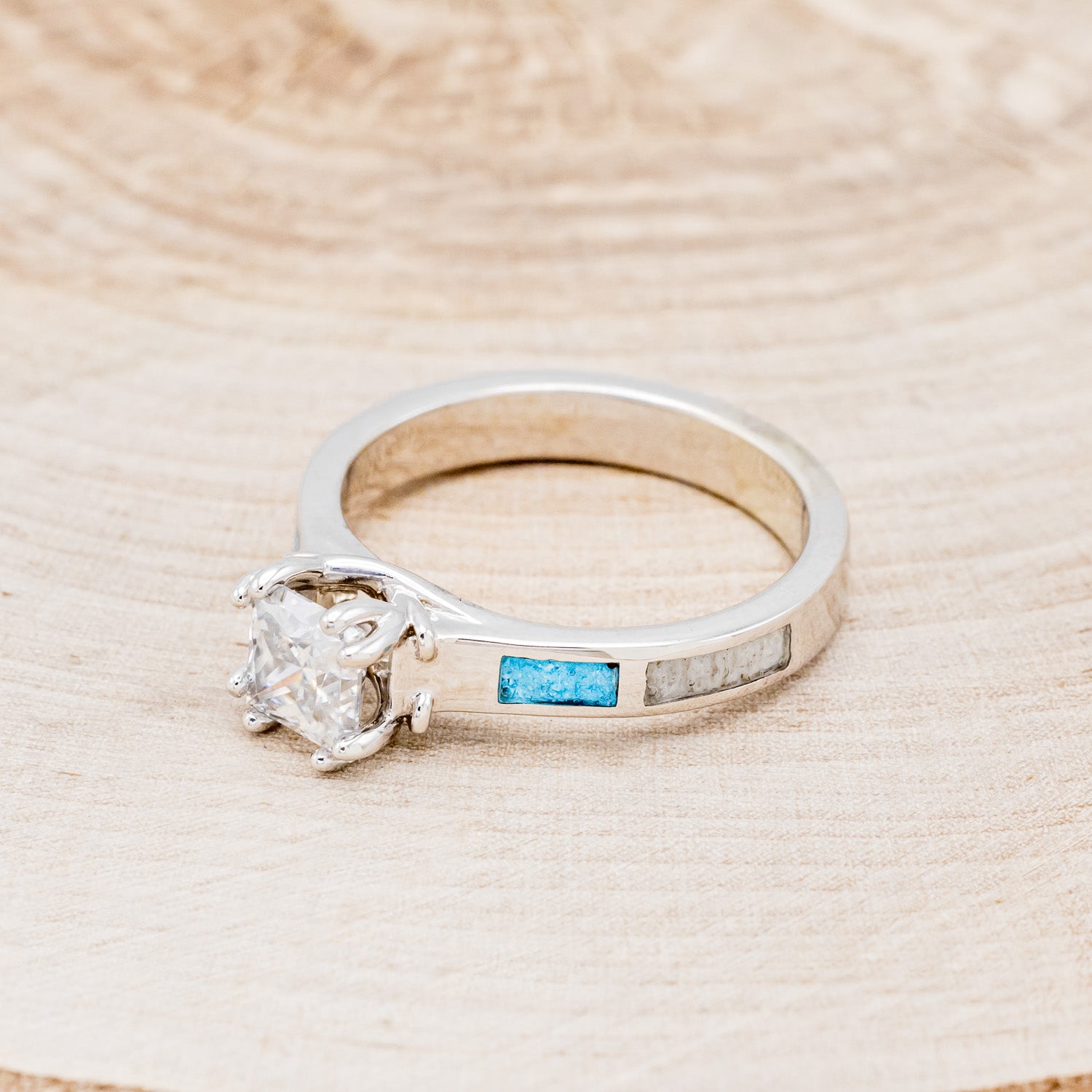 "FAWN" - PRINCESS CUT MOISSANITE ANTLER PRONGED ENGAGEMENT RING WITH ANTLER & TURQUOISE INLAYS-3